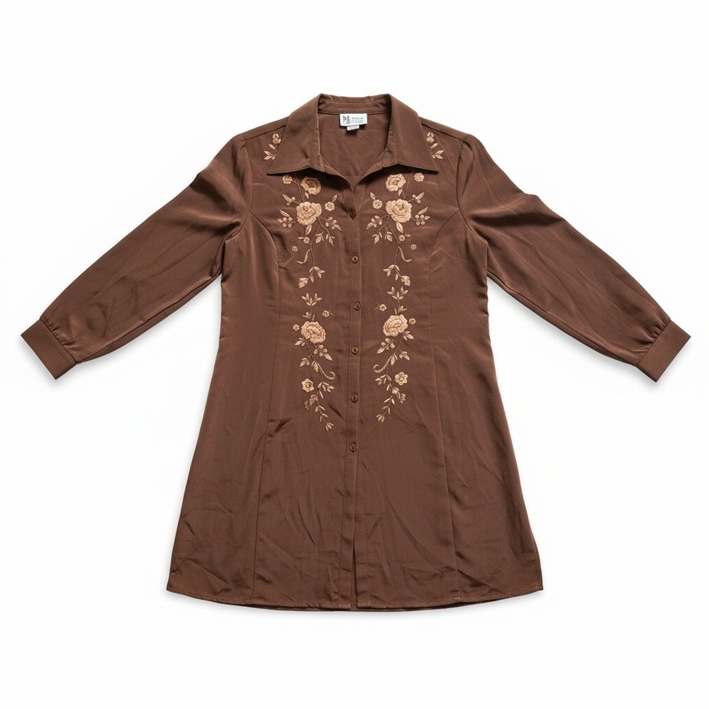 Maggie Sweet Brown Floral Embroidered Button Down Tunic Top Large Style 5755 NWT